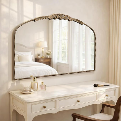 Besdomus Gold Large Fireplace Mirror: 48"x 33" Baroque Vintage Arched Mirror - Traditional Ornate Antique for Bathroom/Vanity/Mantel/Bedroom/Entryway/Hallway - Home Decor for Living Room