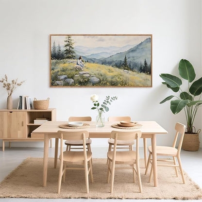 Aurlan Christian Jesus with Lost Sheep Wall Art(40"x20"), Boho Religious Lamb The Good Shepherd Psalm 23 Canvas Artwork, Large Abstcat Watercolor Vintage Nature Landscape Bible Story Decor for Home Dining Room Christ Gift