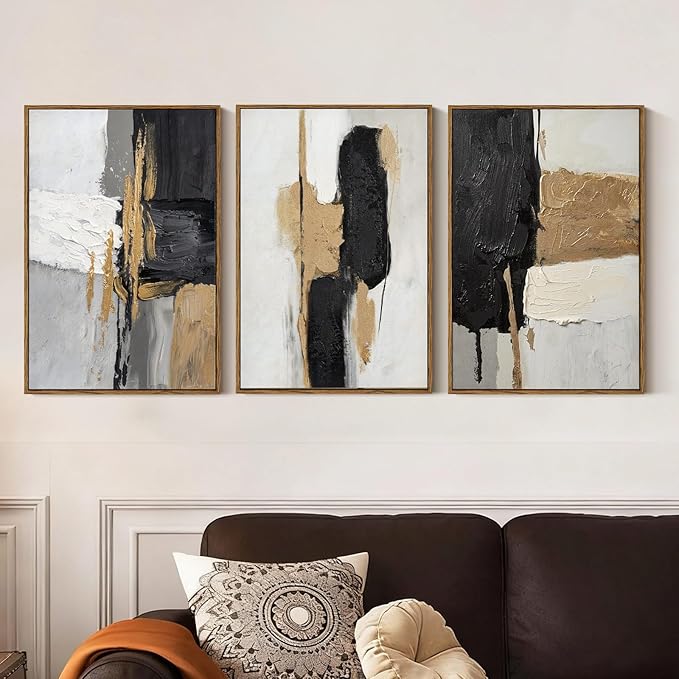 Modern Abstract Wall Art Set of 3 Black Gold Neutral Triptych Canvas Painting, Textured Hand Applied Paint Contemporary Framed Artwork 16x24, Minimalist Gallery Living Room Bedroom Office Decor
