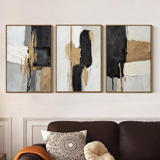 Modern Abstract Wall Art Set of 3 Black Gold Neutral Triptych Canvas Painting, Textured Hand Applied Paint Contemporary Framed Artwork 16x24, Minimalist Gallery Living Room Bedroom Office Decor