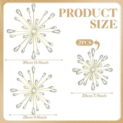 Hicarer 4 Pcs Starburst Wall Decor Bling Wall Art Crystal Teardrop 3D Hanging Rhinestone Radial Metal Artwork Modern Accent Sculptures Decorations for Living Room Home Office Bedroom(Gold)