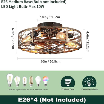 20'' Caged Ceiling Fan with Lights and Remote Control,Small Farmhouse Bladeless Low Profile Ceiling Fans Lights,Vintage Flush Mount Ceiling Light,Reversible Motor 6 Speeds for Bedroom,Living Room