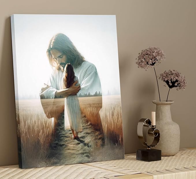 Jesus Hugging Woman Canvas Wall Art Jesus And Girl Painting picture Wall Decor religion Christian Healing Embrace Bible Stories Poster Print Artwork for Church LDS bedroom Living Decor 12x16in Canvas