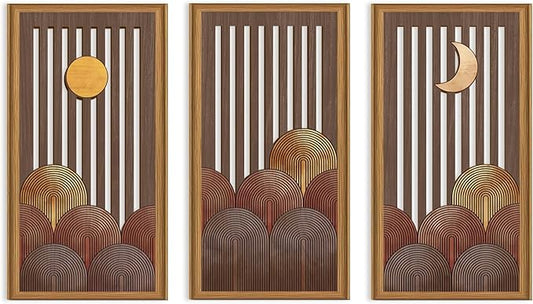 Celestdeco 3 Pcs Boho Mountain Wooden Wall Art Minimalist Geometric Artwork Pine Tree Sunrise Wood Wall Decor Bohemian Forest Hanging Decor for Living Room Bedroom Office 7.9 x15.8 Inch