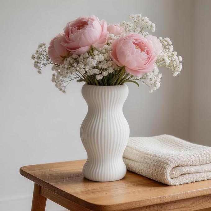 Ceramic Vase, White Modern Vase for Home Decor, White Round Vases, Boho Dried Flower Vase for Centerpieces, 9 Inch Decorative Vases for Wedding, Table, Party, Living Room, Office, Bedroom