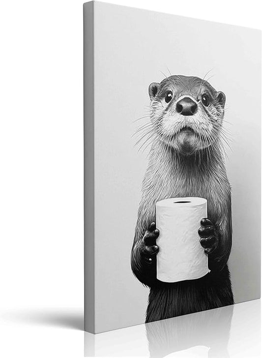 Black and White Bathroom Wall Art Canvas Framed Painting Otter with Toilet Paper Roll Humorous Animal Poster Wall Decor Artwork for Bathroom Guest Bath Decor 16x24 Inches