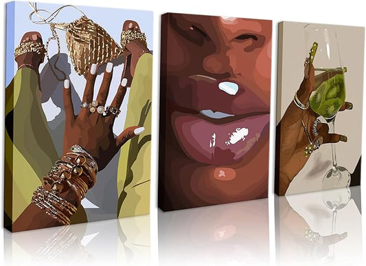 Black Girl Wall Art Framed Set of 3 - African Woman Canvas Home Decor American Woman Wall Decor Black Female Print Pictures Fashion Abstract Poster for Home Bedroom Bathroom 16×24 Inch