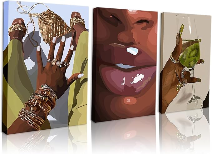 Black Girl Wall Art Framed Set of 3 - African Woman Canvas Home Decor American Woman Wall Decor Black Female Print Pictures Fashion Abstract Poster for Home Bedroom Bathroom 12×16 Inch
