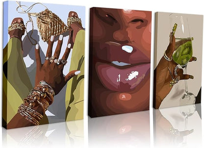 Black Girl Wall Art Framed Set of 3 - African Woman Canvas Home Decor American Woman Wall Decor Black Female Print Pictures Fashion Abstract Poster for Home Bedroom Bathroom 12×16 Inch