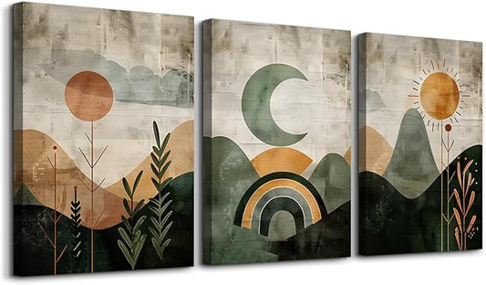 TTHYUEWS Large Canvas Wall Decor For Living Room Boho Wall Art For Bedroom Office Wall Decor Abstract Wall Paintings Vintage Geometry Pictures Artwork Modern Home Decorations 3 Piece Ready To Hang
