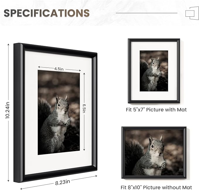 Fun Memories 8x10 Picture Frame Black, Aluminum Picture Frame 8"x10" Tempered Real Glass, Modern 8 x 10 Metal Frame with Mat for 5 x 7, 8 by 10 Frame with Stand for Tabletop Display