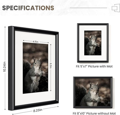 Fun Memories 8x10 Picture Frame Black, Aluminum Picture Frame 8"x10" Tempered Real Glass, Modern 8 x 10 Metal Frame with Mat for 5 x 7, 8 by 10 Frame with Stand for Tabletop Display