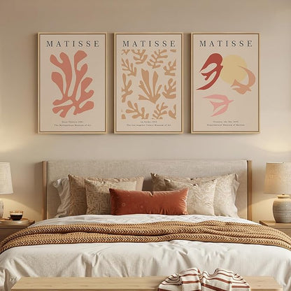 Framed Large Matisse Abstract Wall Art Set of 3, Vintage Neutral Pink Floral Botanical Canvas Prints, Classical Matisse Paintings Pictures for Living Room, Bedroom, Hallway, Office Decor, Total Size 30x60 In