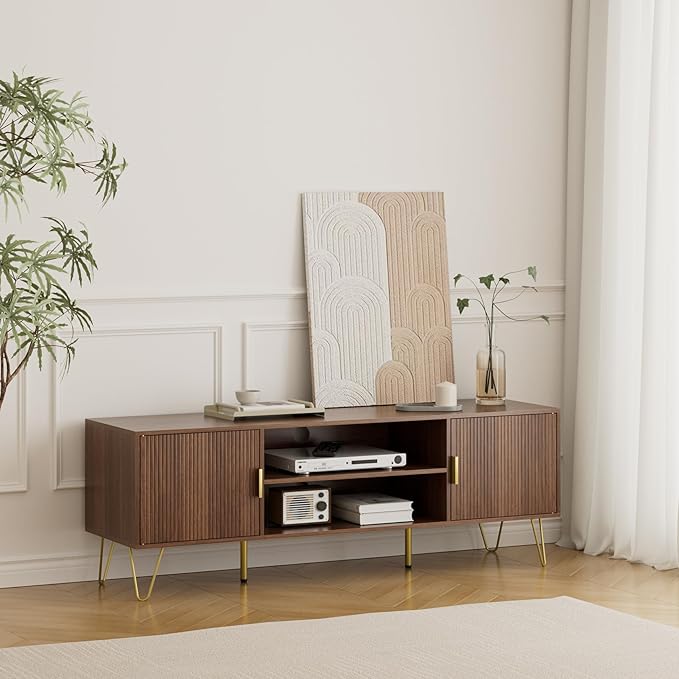 TV Stand for 55-65 Inch TV, Entertainment Center with Soft Hinge Door,TV Console Table with 2 Cabinets with Gold Handle and Feet,for Living Room, Bedroom, Walnut