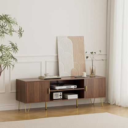 TV Stand for 55-65 Inch TV, Entertainment Center with Soft Hinge Door,TV Console Table with 2 Cabinets with Gold Handle and Feet,for Living Room, Bedroom, Walnut