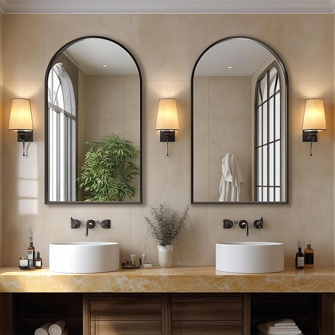 Dewfig Wall Mounted Mirror, 26"x38" Arched Wall Bathroom Mirror, Black Vanity Wall Mirror with Metal Frame, Modern & Contemporary Arch Top Wall Mirror for Bedroom, Entryway, Living Room,Black