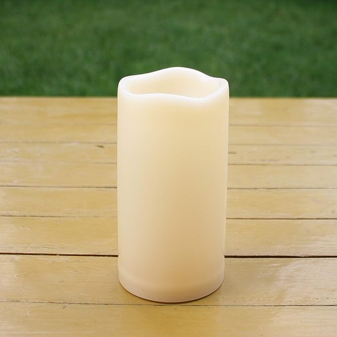 iZAN Outdoor LED Flameless Candle with Timing Function Waterproof Plastic Realistic Flickering Battery Operated LED Pillar Candle Long Lasting Battery Life 3x6 inch Waved Edge
