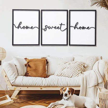 3D Wood Home Sweet Home Wall Art, Modern Home Sweet Home Sign for Large Living Room Wall Decor(Ready to Hang, Set of 3, 12x16 Inch, Framed)