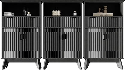 Fatmok Buffet Cabinet with Storage Set od 3, 40" Modern Fluted Coffee Bar Cabinet with Drawer & Open Shelf, Wood Buffet Sideboard Console Table for Entryway, Kitchen, Living Room (Black)