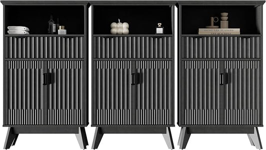 Fatmok Buffet Cabinet with Storage Set od 3, 40" Modern Fluted Coffee Bar Cabinet with Drawer & Open Shelf, Wood Buffet Sideboard Console Table for Entryway, Kitchen, Living Room (Black)