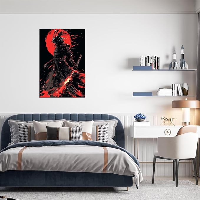 Black and Red Japanese Samurai Wall Art Bushido Pictures Wall Decor Canvas Prints Armored Samurai Painting Poster Artwork Modern Home Decor Framed for Bedroom Living Room Office (28''W x 44''H)