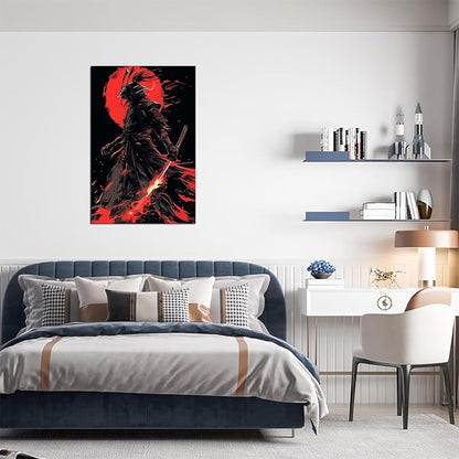 Black and Red Japanese Samurai Wall Art Bushido Pictures Wall Decor Canvas Prints Armored Samurai Painting Poster Artwork Modern Home Decor Framed for Bedroom Living Room Office (28''W x 44''H)