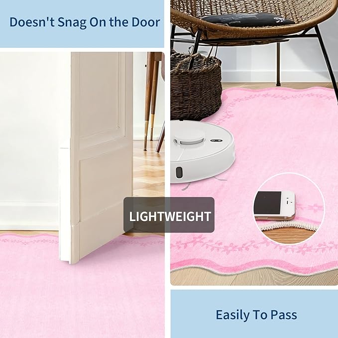 GarveeHome 3x5 Scalloped Washable Area Rug for Bedroom,Soft Solid Pink Entryway Rug Non Slip Low Pile Carpet Stain Resistant Throw Rug for Bedside Kids Room Office Dining Room