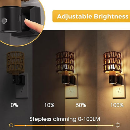 L LOHAS LED Night Lights Plug into Wall, Cylindrical Ironwork Boho Lampshade Decor Night Light, 350° Rotatable Dusk to Dawn Sensor Vintage Nightlight, Dimmable for Bedroom Living Room Hallway