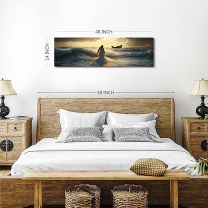 Jesus Walking on Water Wall Art Christian Picture Wall Decor for Living Room Bedroom Vintage Christ Religion Poster Canvas Prints Abstract Sunset Ocean Panoramic Painting Artwork Home Decorations 14x48”