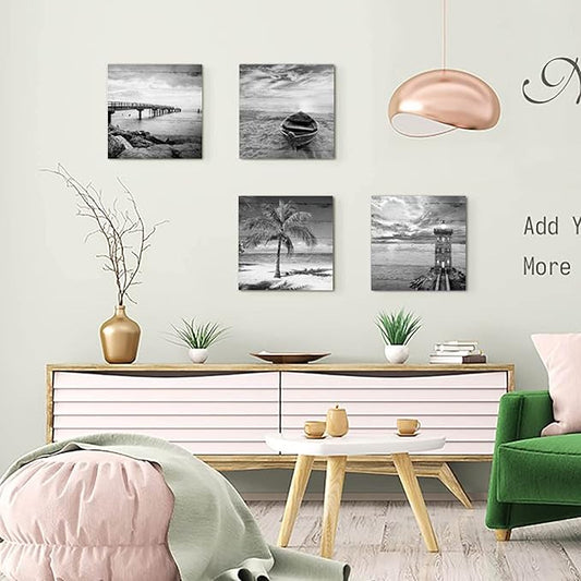 Yxbhhym- Black and White Beach Wall Art Seascape Scenery Canvas Wall Picture Print Sea Palm Poster Painting Office Décor Bedroom Bathroom Wall Art Living Room Home Kitchen Wall Decoration Framed