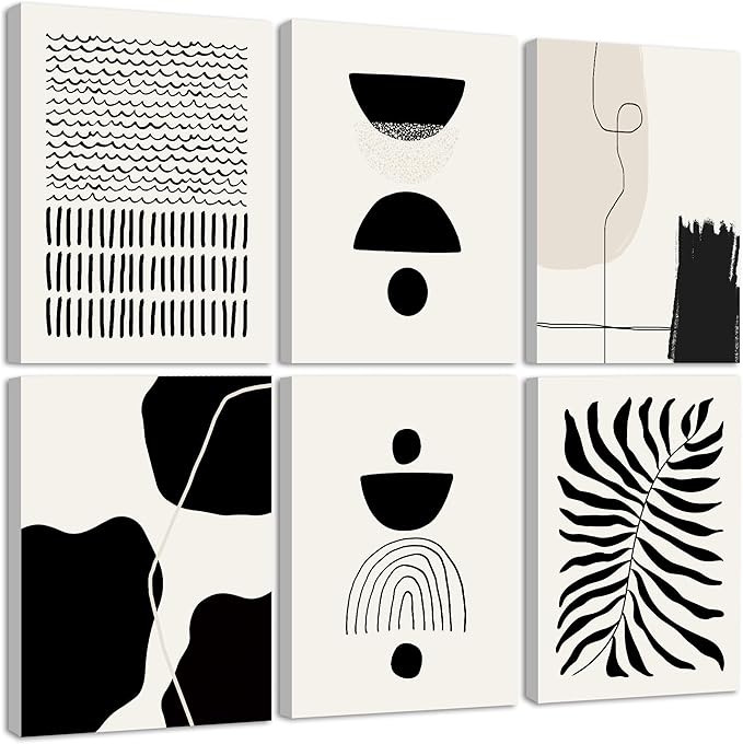 KUVIOKE Black Abstract Framed Wall Art Boho Room Decor Set of 6 Minimalist Geometric Line Art Bohemian Mid Century Modern Prints for Bedroom Living Room 8x10in (Framed)