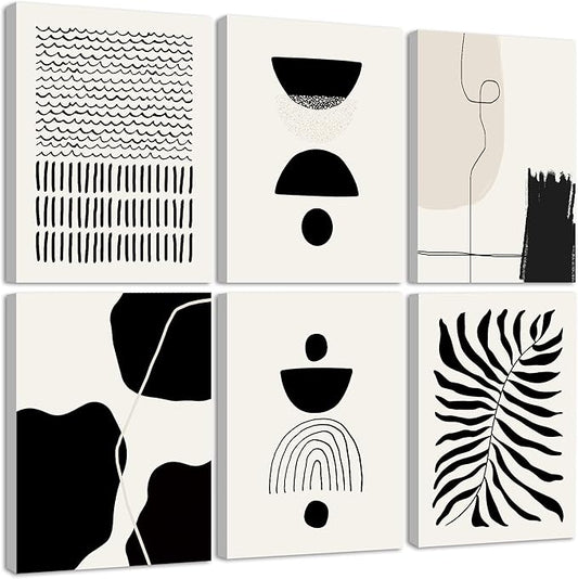 KUVIOKE Black Abstract Framed Wall Art Boho Room Decor Set of 6 Minimalist Geometric Line Art Bohemian Mid Century Modern Prints for Bedroom Living Room 8x10in (Framed)