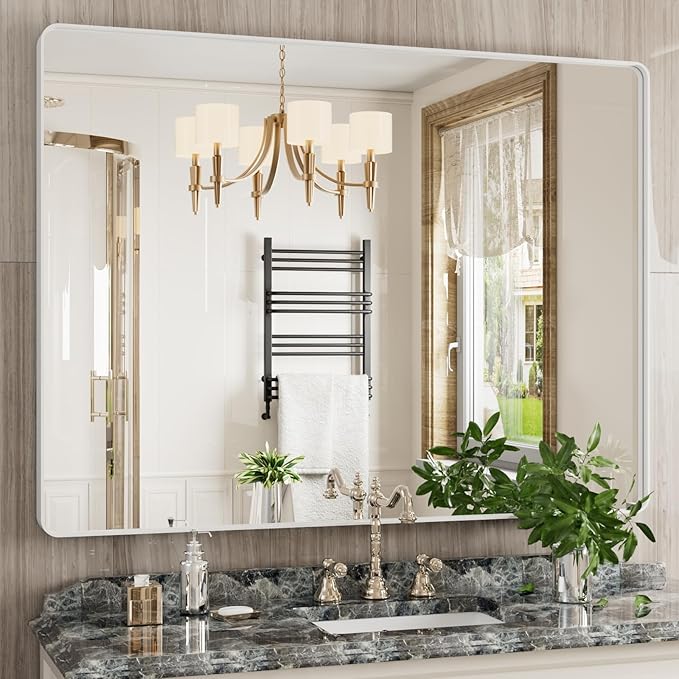 JISOSO White Bathroom Mirror 48x36 Inch, White Metal Framed Bathroom Mirror for Wall, Rounded Rectangle Matte Bathroom Vanity Mirror, Tempered Glass, Anti-Rust, Horizontal/Vertical