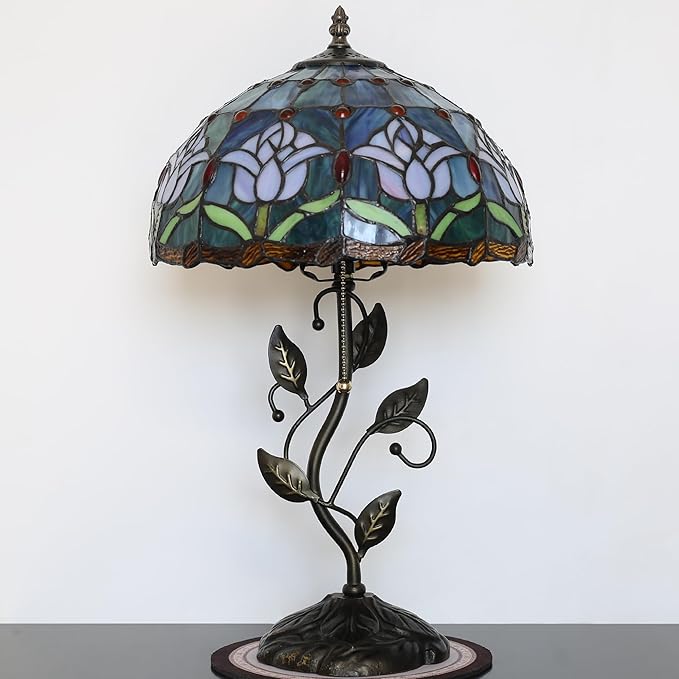 Tiffany Lamp Stained Glass Style Table Lamp Pink Tulips Style Bedside Desk Reading Light W12H19 Inch Metal Leaf Base with Metal Leaf Base