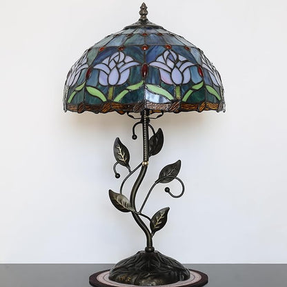 Tiffany Lamp Stained Glass Style Table Lamp Pink Tulips Style Bedside Desk Reading Light W12H19 Inch Metal Leaf Base with Metal Leaf Base
