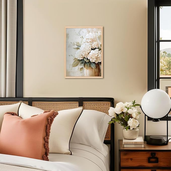 Framed Hydrangea Wall Art, White Floral Botanical Wall Decor Pictures, Vintage Flower Canvas Prints Paintings Farmhouse Aesthetic Home Decor for Living Room Bedroom Bathroom Kitchen 12x16 inch