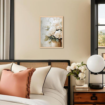 Framed Hydrangea Wall Art, White Floral Botanical Wall Decor Pictures, Vintage Flower Canvas Prints Paintings Farmhouse Aesthetic Home Decor for Living Room Bedroom Bathroom Kitchen 12x16 inch