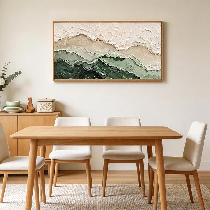 Aurlan Abstract Green Beige Gray Pastel Framed Wall Art(40"x20"), 3D Textured Modern Neutral landscape Canvas Artwork, Large Minimalist Watercolor Ocean Waves Painting Decor for Home Office Living Room Bedroom