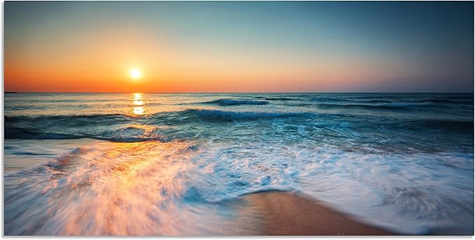 TutuBeer 1 Panel Beach Pictures Wall Art Blue Sea White Beach at Sunrise Pictures Print on Canvas Sea Wall Decor Seascape Paintings for Home Decor Stretched and Framed Easy to Hang 16x32 inch
