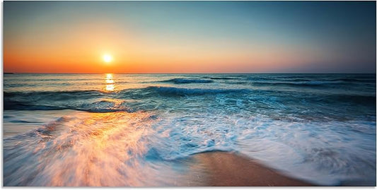 TutuBeer 1 Panel Beach Pictures Wall Art Blue Sea White Beach at Sunrise Pictures Print on Canvas Sea Wall Decor Seascape Paintings for Home Decor Stretched and Framed Easy to Hang 8x16 inch