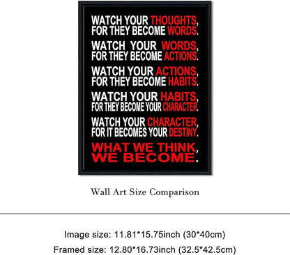Pyradecor Black Framed Canvas Wall Art Inspirational Poster Office Positive Quotes Watch Your Thoughts Motivational Classroom Artwork for Living Room Home Decorations