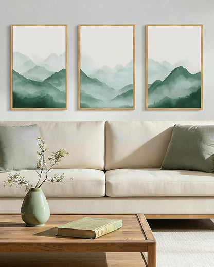 PHOPAGO Green Watercolor Fog Mountains Framed Wall Art Large 16x24in Vintage Nature Landscape Artwork Paints Boho Rustic Scenic Room Decor for Bedroom Hallway - Natural Framed