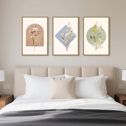 Celestdeco Large Vintage Wildflower Floral Framed Canvas Wall Art Set,Botanical Watercolor Calming Floral Wall Painting,Minimalist Boho Flower Artwork for Living Room,Dining Room,Office Decor-16"x24"x3
