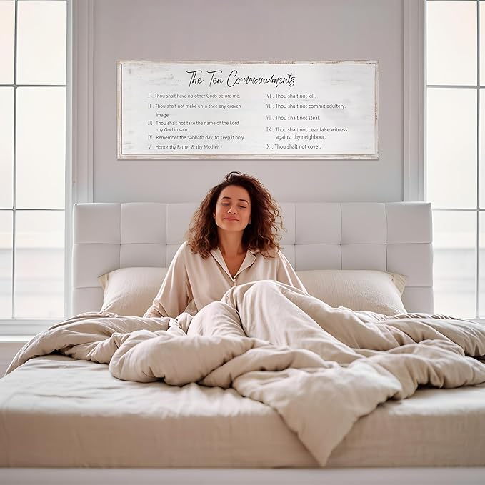 The Ten Commandments Rustic Bible Verse Framed Wall Sign For Family Living Room Kitchen Farmhouse Dining Room Vintage Boho Wall Art Decoration For God Jesus Christ Prayer, 40 x 15 Inch, White