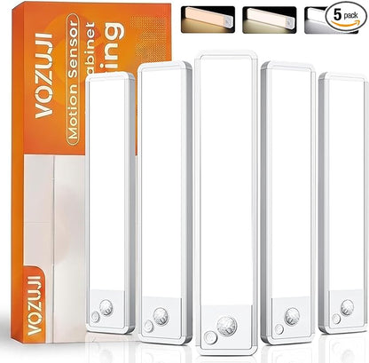 Under Cabinet Lighting: 10 Inch 3-Color Dimmable Rechargeable Motion Sensor Lights Indoor - Battery Operated Lights - Closet Light Magnetic Led Light for Kitchen Home Bathroom Counter 5 Pack