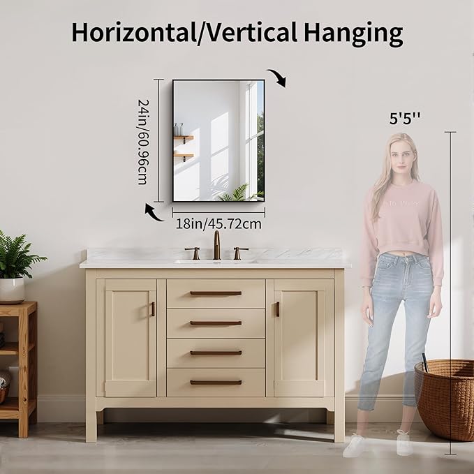 YIROMAN Bathroom Mirror 18"x24", Black Bathroom Mirrors for Over Sink with Aluminum Frame, Rectangular Vanity Mirror with Right Angle, Wall Mirror for Oversink, Vanity, Bedroom, Living Room