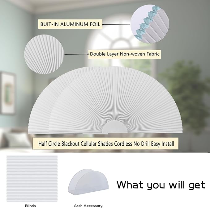 Small Arch Window Shade Blackout Cellular Shades 12 inch Half Circle Moon Window Covering No Drill Honeycomb Blinds for Windows Room Darkening Easy Install Light Blocking Blinds (1, White, 24x12inch)
