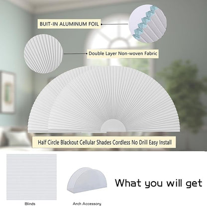 Small Arch Window Shade Blackout Cellular Shades 12 inch Half Circle Moon Window Covering No Drill Honeycomb Blinds for Windows Room Darkening Easy Install Light Blocking Blinds (1, White, 24x12inch)