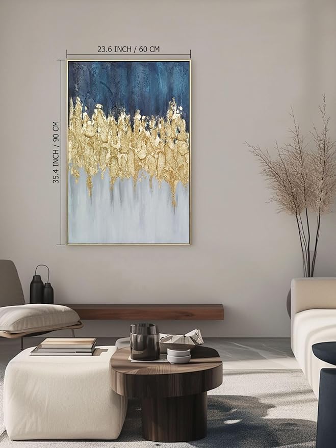 Zessonic Abstract Wall Art Hand-Textured Modern - Set of 3, Emerald Green Blue and Gold - 24x36inch, Framed