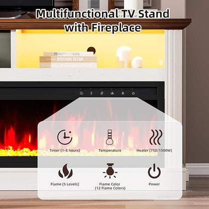 58" Fireplace TV Stand, TV Stand with 52" Fireplace, LED Light Entertainment Center with Storage Cabinets, Modern Media TV Console TV Table for Living Room, White